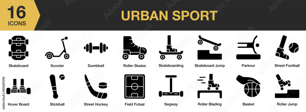 Wall mural Urban Sport solid icon set. Includes street hockey, stickball, skateboarding, segway, scooter, and More. Solid icons vector collection.