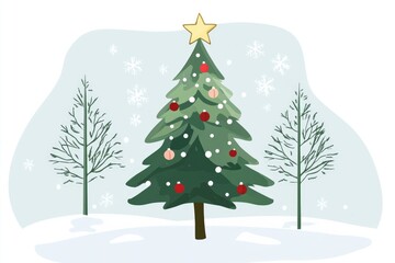 Fototapeta premium Cute Christmas Tree in Winter Forest with Snowflakes - Festive Holiday Design for Cards and Posters
