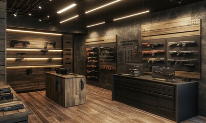 Modern gun store interior with wood and black accents.
