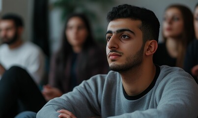 Young man with beard looking away.