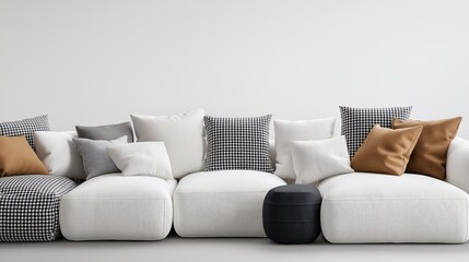 Modern living room interior with white modular sofa adorned with various patterned and colored cushions against a plain white wall.