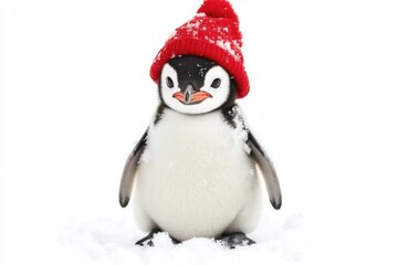 Fototapeta premium Adorable Penguin in Snow With Red Winter Hat – Perfect for Holiday Cards and Winter Decor