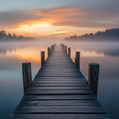 Fototapeta premium Golden Sunrise Over a Tranquil Lake with a Wooden Pier 