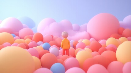 A whimsical scene of a figure among colorful balls, evoking feelings of joy, imagination, and creativity in a dreamy landscape.