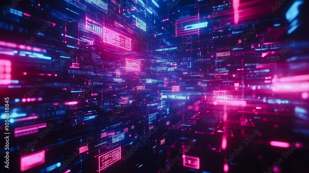 Poster explore a high-tech environment featuring a vibrant data network with floating documents and neon li
