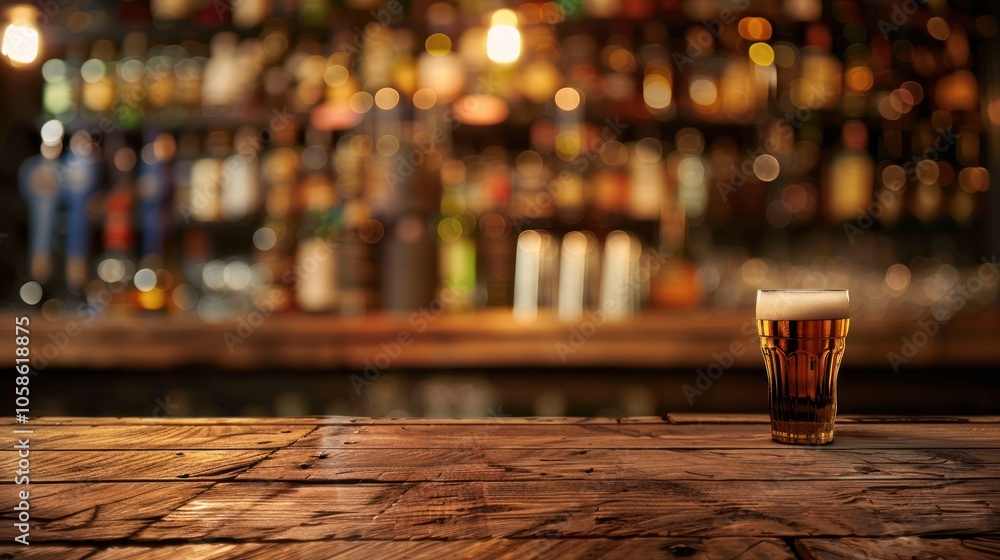Poster wooden table surface with blurred bottle background in bar with copy space, ai generated image