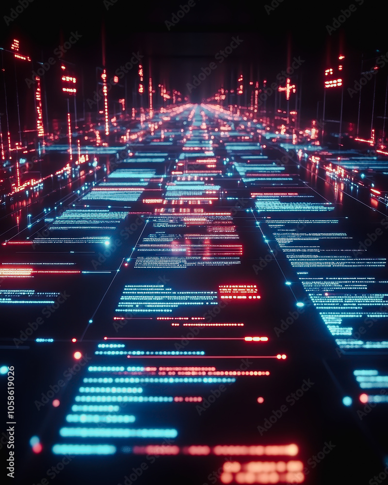 Aufkleber explore a captivating portrayal of a futuristic data network featuring floating documents in a vibra