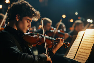 Fototapeta premium Young man playing violin on stage under bright lights with blurred background during live orchestral performance . Classical music concert