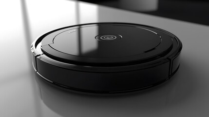 A sleek black robotic vacuum cleaner resting on a surface, designed for automated cleaning.