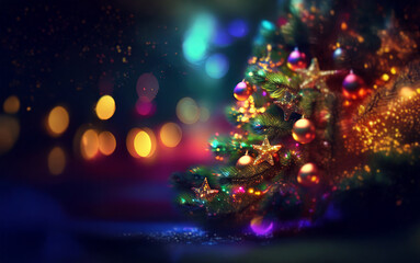 A brightly lit Christmas tree with twinkling lights, colorful ornaments and a starry background.