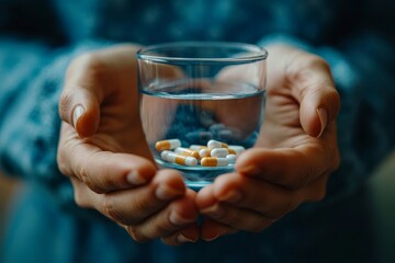 Healthcare Harmony: Close-Up Hands Holding Medication and Water Glass for Optimal Wellness, Pharmaceutical Treatment and mental health treatment, Generative AI