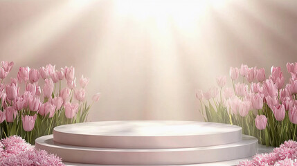 A serene stage surrounded by elegant pink tulips in soft lighting