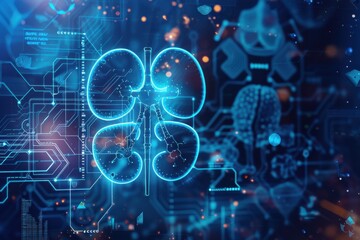 Obraz premium kidney testing results on digital interface on laboratory or surgical background, innovative technology in science and medicine concept. medical technology