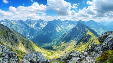 Obraz premium Stunning view of mountains captured from a high rocky point, offering a breathtaking perspective of the majestic peaks and open sky, with ample photo style copy space.