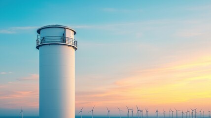 Obraz premium A tall tower, white structure stands against a colorful sunset with wind turbines in the background, showcasing renewable energy in a serene landscape.