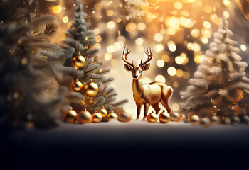 A golden deer stands in a snowy forest with decorated fir trees and a warm, glowing background.