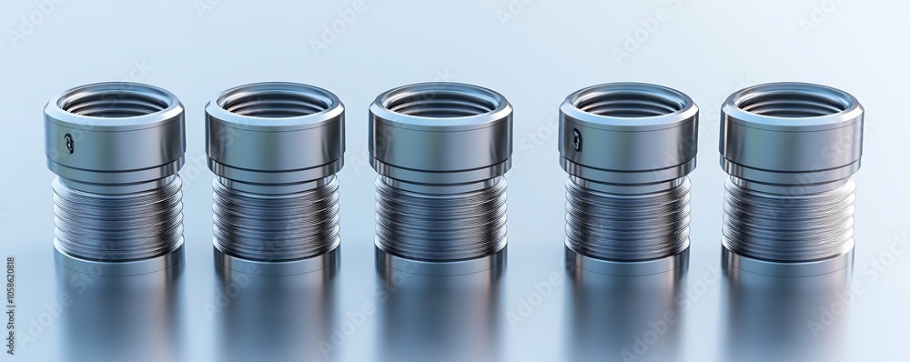 Poster a row of five metallic threaded connectors with varying designs.