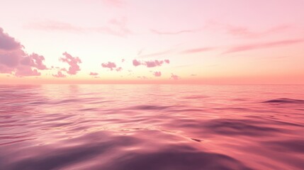 Obraz premium Serene dawn sky painted in pink and orange hues over the ocean, tranquil waters reflecting the pastel sunset, creating a peaceful atmosphere ideal for relaxation.