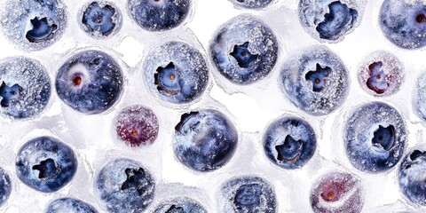 A detailed view of frozen blueberries set against a white backdrop captures their texture and color vividly, highlighting the frozen blueberries freshness and quality.