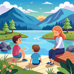  illustration of a family of three - a mother, father, and two young children - sitting on a wooden dock overlooking a lake. 