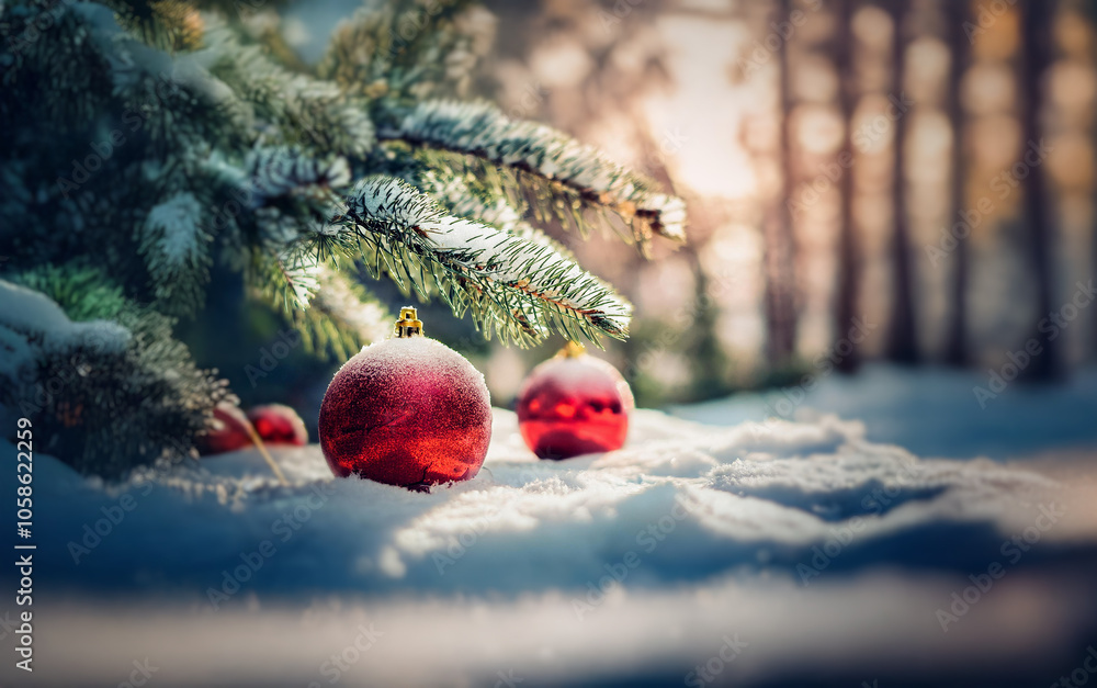 Aufkleber red christmas ornaments rest in the snow under a pine tree with a blurred sunset in the background.