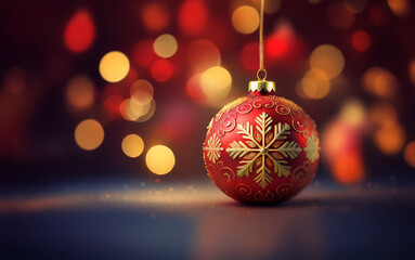Fototapeta premium A single red Christmas ornament with a gold snowflake design hangs against a backdrop of warm bokeh lights.