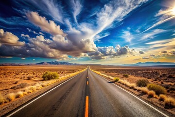 Naklejka premium Desert highway disappearing into the sky at sunset