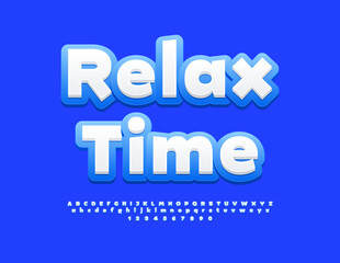 Vector modern sign Relax Time. White and Blue Trendy Font. Decorative White Alphabet Letters and Numbers set. 