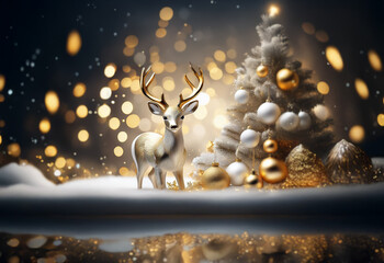 Naklejka premium A white deer figurine stands in front of a white Christmas tree with gold and white ornaments, surrounded by snow, with a blurred background of golden lights.