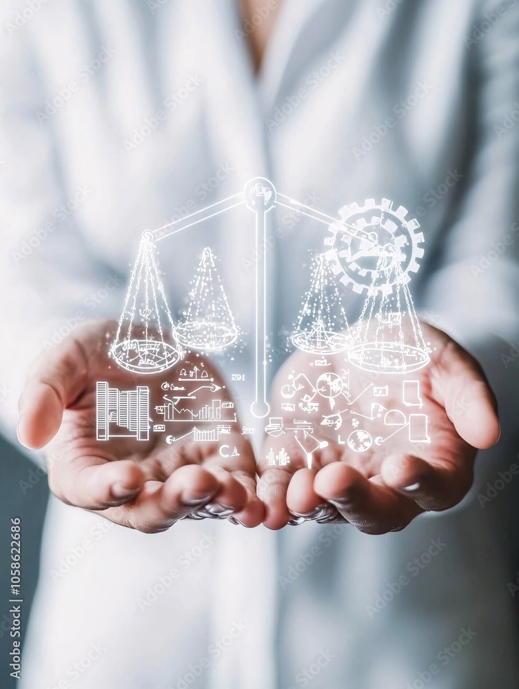 Poster hands holding a scale with price symbols on one side and value icons on the other, representing cost