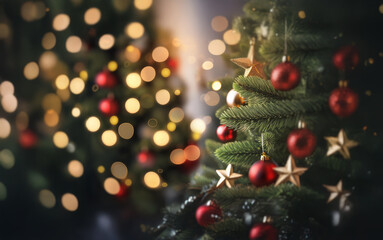 Two decorated Christmas trees with twinkling lights, one in focus with red ornaments and gold stars, the other blurred in the background.
