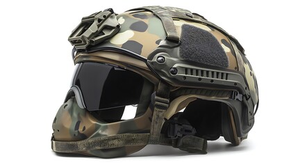 A tactical helmet with camouflage design and protective visor, intended for military use.