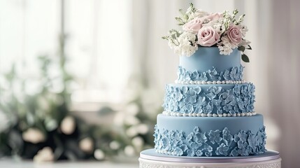 Elegant blue wedding cake set against a clean white background, perfect for capturing the essence of a wedding celebration. This wedding cake is ideal for highlighting your special event.