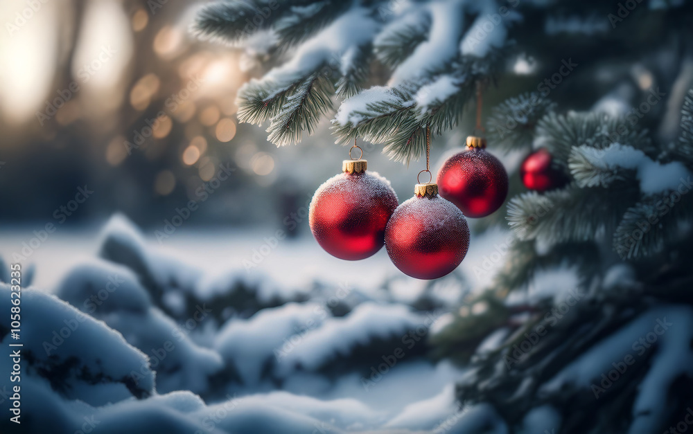 Poster red christmas ornaments hang from an evergreen tree branch covered in snow. the sun shines through t