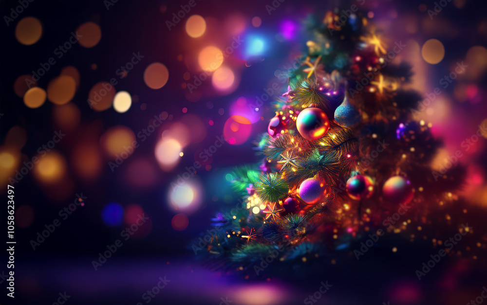Poster a decorated christmas tree stands against a bokeh background of colorful lights.