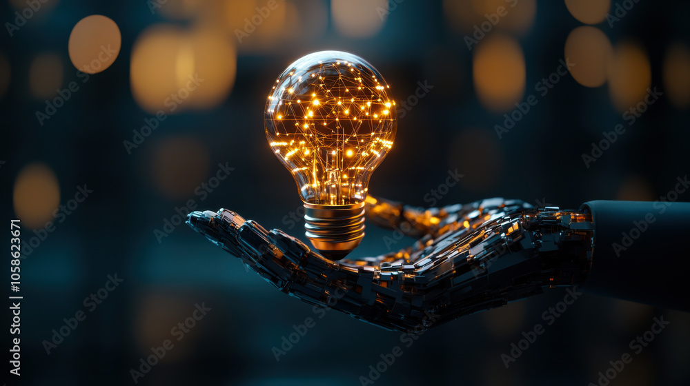 Poster a robotic hand holds a glowing light bulb with intricate patterns in a dimly lit environment, symbol