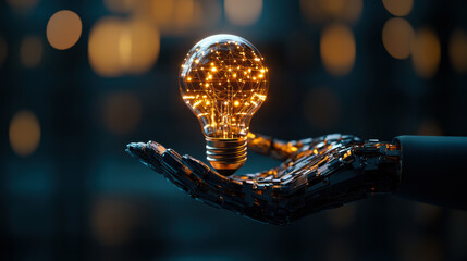 A robotic hand holds a glowing light bulb with intricate patterns in a dimly lit environment, symbolizing artificial intelligence and innovation