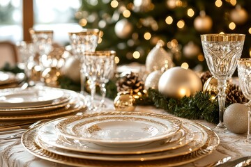 Elegant Christmas Dinner Table with Gold and White Plates, Crystal Glasses, and Decorative Accents, Tall Decorated Christmas Tree in Corner