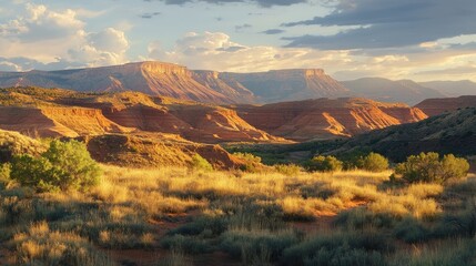 Evening light casts a warm glow over the dunes in Glen Canyon, highlighting the textures and contours of the landscape, creating a serene atmosphere with ample photo style copy space.