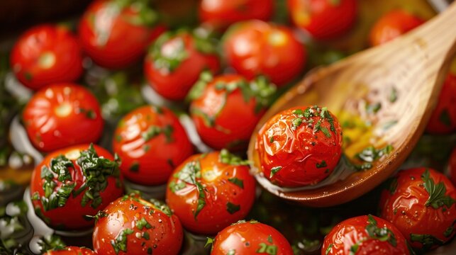 roasted confit cherry tomatoes, glistening with olive oil and herbs, being stirred with a wooden spoon on a baking tray