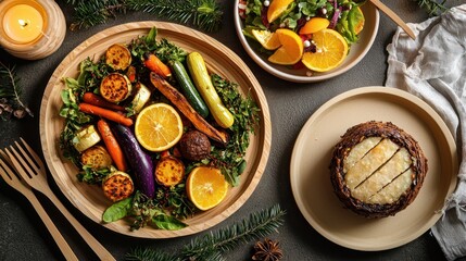 A plant-based holiday dinner featuring a vibrant roasted vegetable platter, a vegan wellington, and a citrus salad, served on compostable plates with wooden utensils