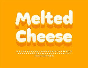 Vector tasty logo Melted Cheese. Creative White Font. Artistic 3D Alphabet Letters and Numbers set
