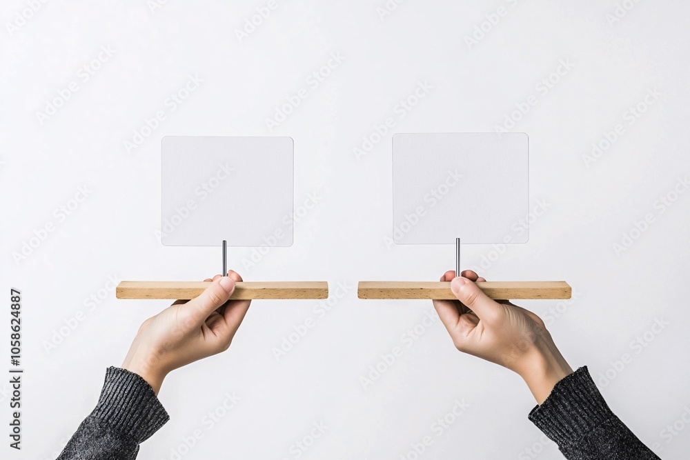 Poster a hand holding two labels one with a price and the other with a value icon, representing the balance