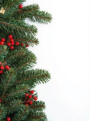 Christmas tree border with red berries on a white background, close-up, with space for text.