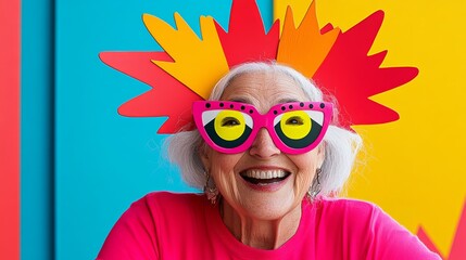 Fototapeta premium Woman wearing a pair of pink sunglasses and a red shirt is smiling. image has a fun and lighthearted mood, as the woman is enjoying herself and posing for the camera. The bright colors of sunglasses