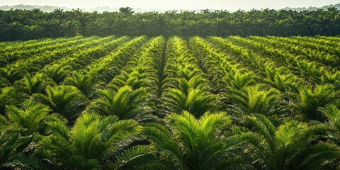 View from the back of a palm oil plantation featuring rows of palm oil trees. The field perspective showcases the organized layout of palm oil tree plantations.