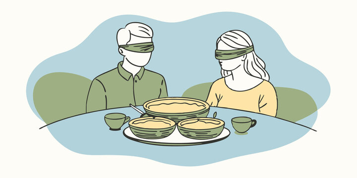 Blind Taste Test Two people sitting blindfolded at a small table with three covered dishes in front of them eagerly ready to taste the samples.