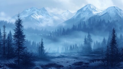 Obraz premium beautiful foggy landscape with fir forest