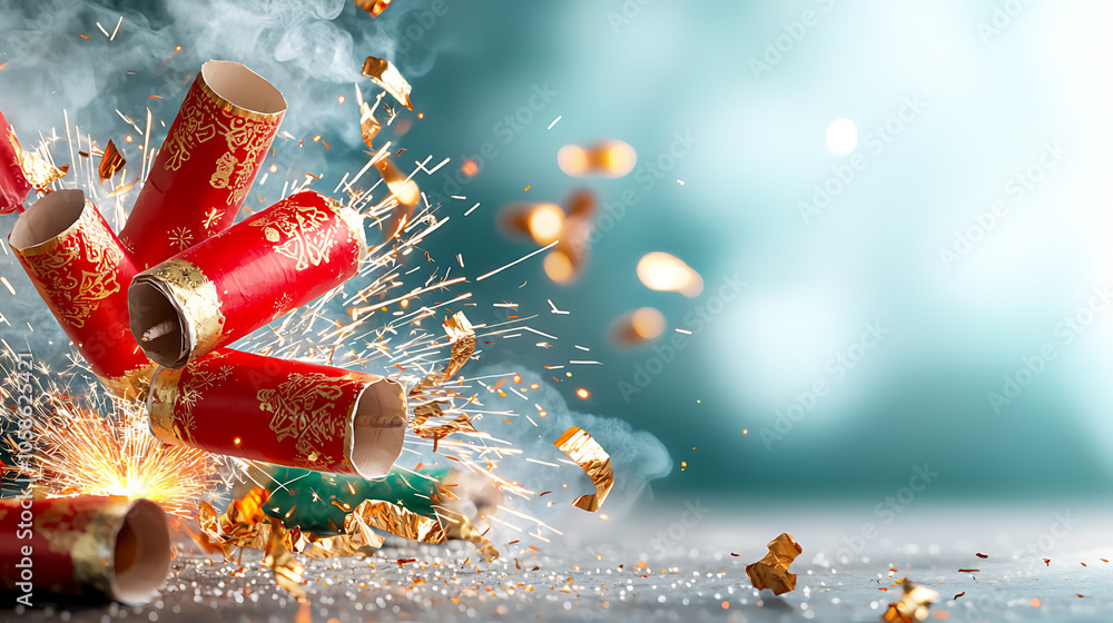 Poster spectacular red firecrackers exploding in a dazzling display of golden sparks