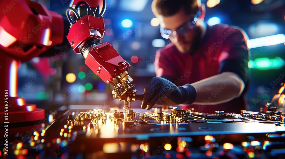 Poster assembling small parts by hand and robot in factory